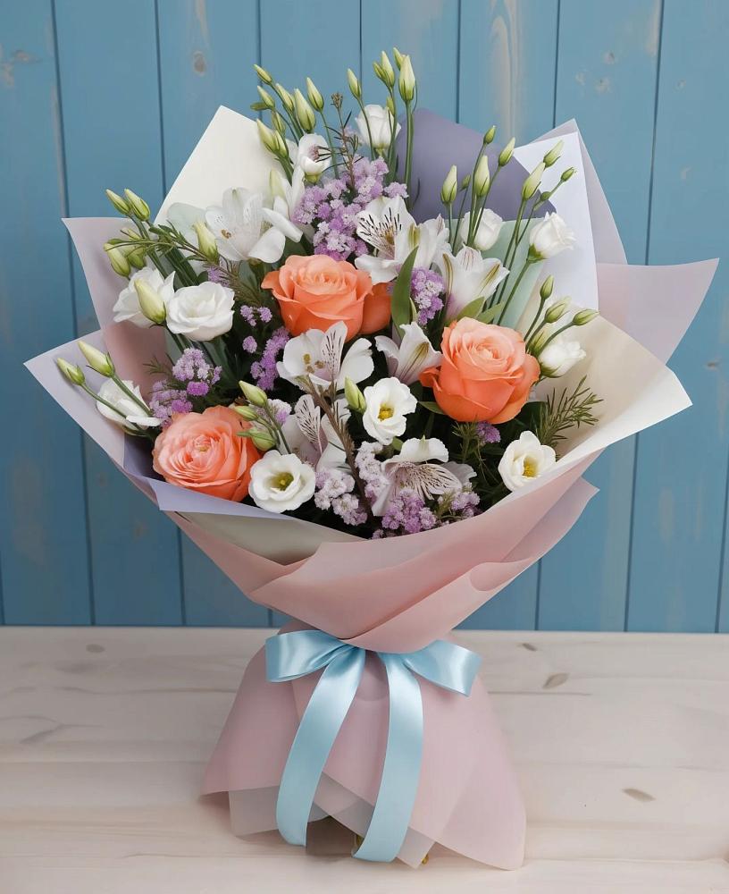 Букет цветов из: Лизиантусы, Розы, Альстромерии и Гипсофила в Старокорсунской