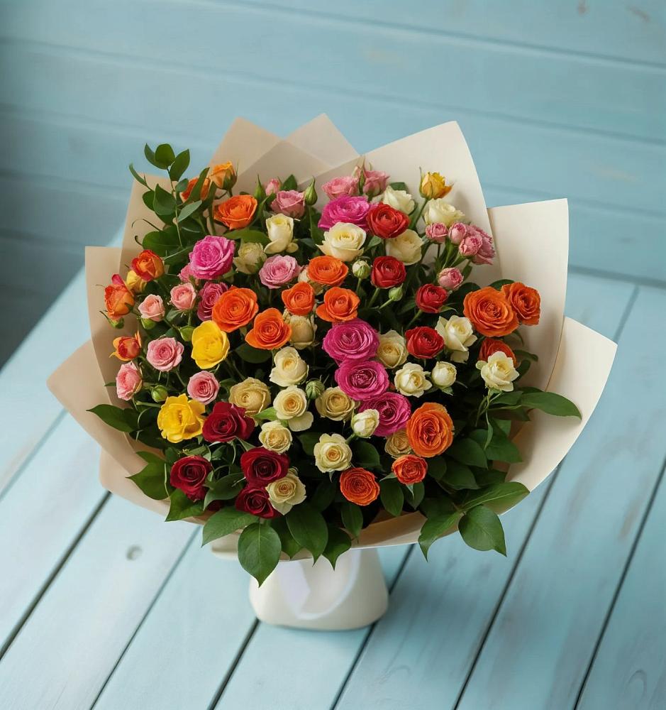 Букет Микс из разноцветных кустовых роз в Старокорсунской