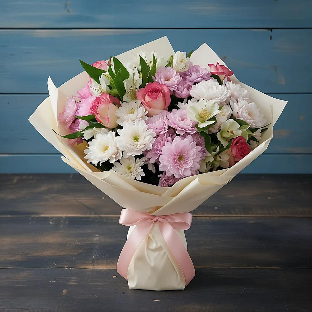 Букет цветов из: Хризантемы, Альстромерии и Розы в Старокорсунской